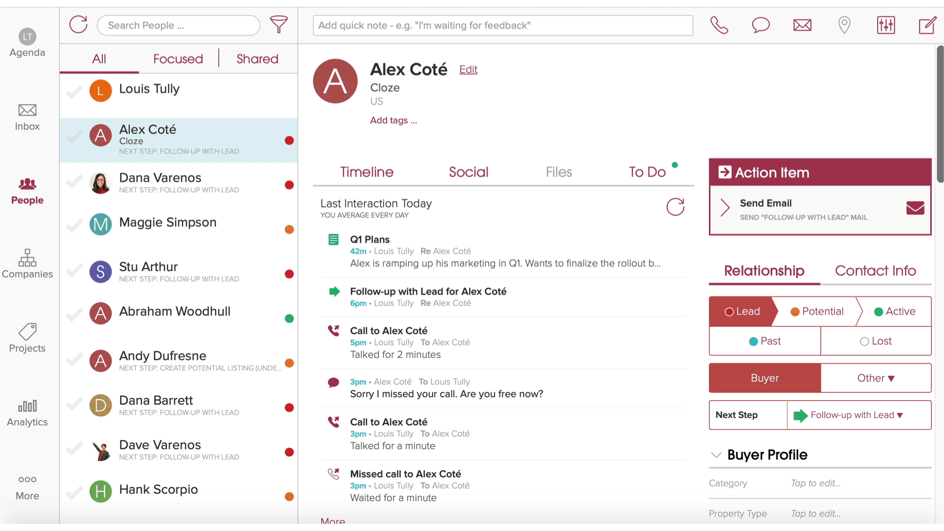 Dialpad calls and texts are automatically logged in the timeline of Cloze contact profiles.