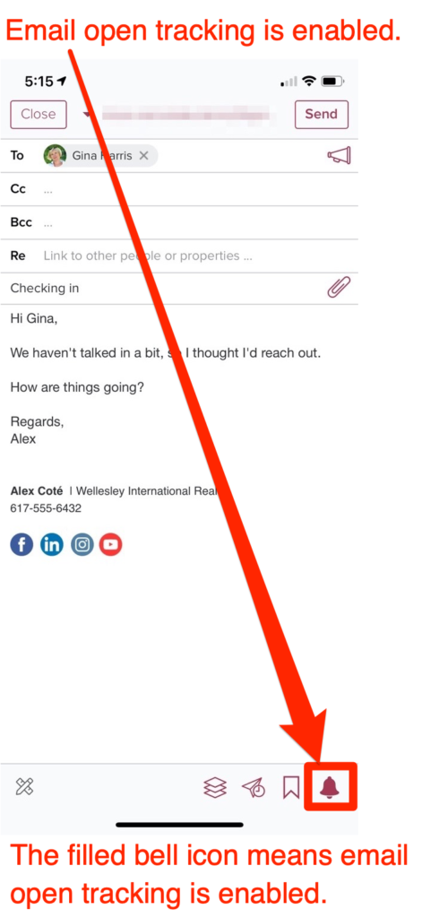 Enable email open tracking by tapping on the bell icon. 