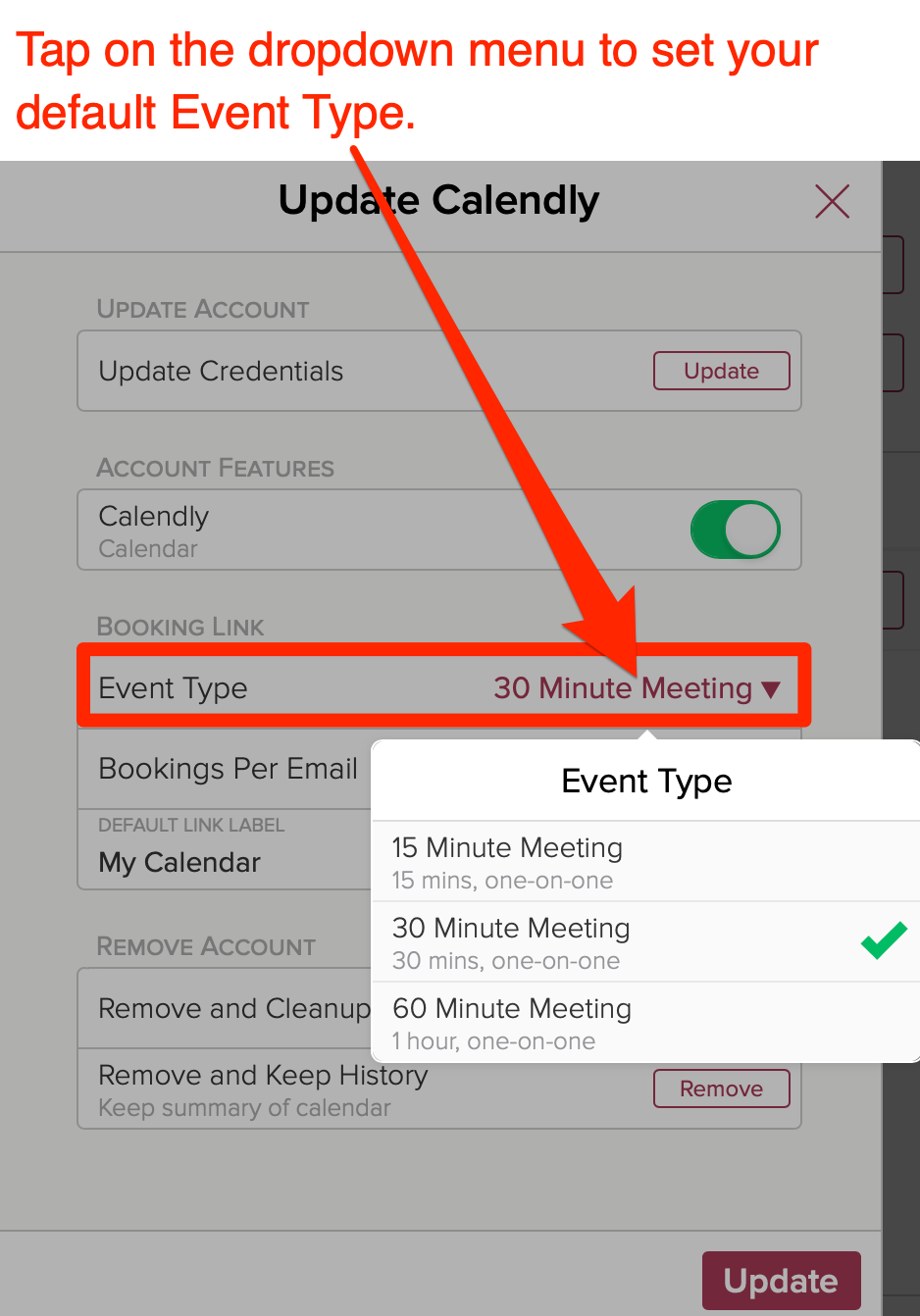 Set the default Calendly meeting type in Cloze CRM.
