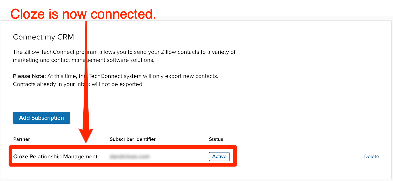 Zillow Premier Agent settings: Cloze is connected. 