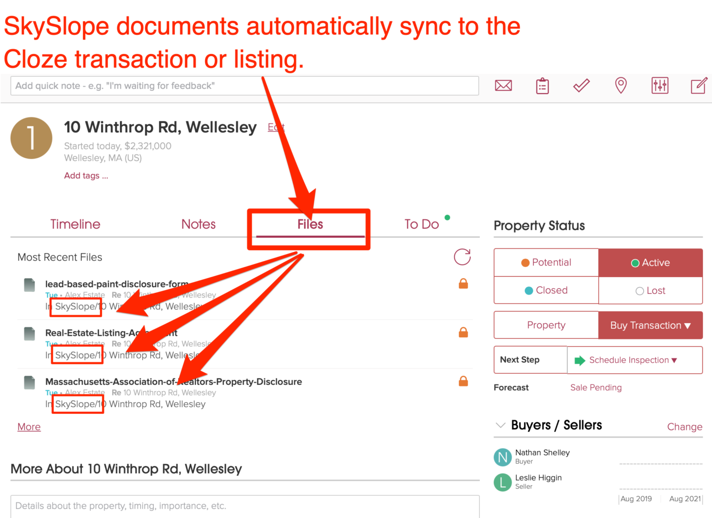 SkySlope documents appear in the files section of the transaction. 