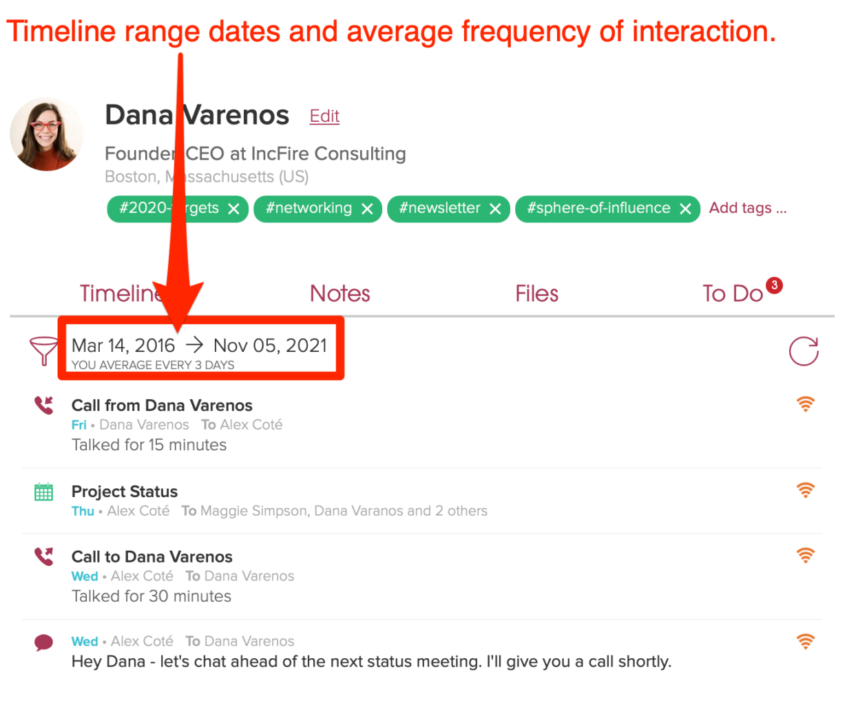 Cloze contact profile timeline range. 