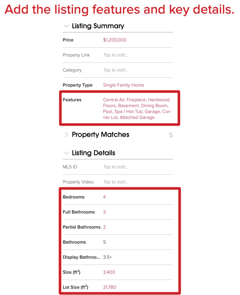 Cloze: add the listing features and key details. 