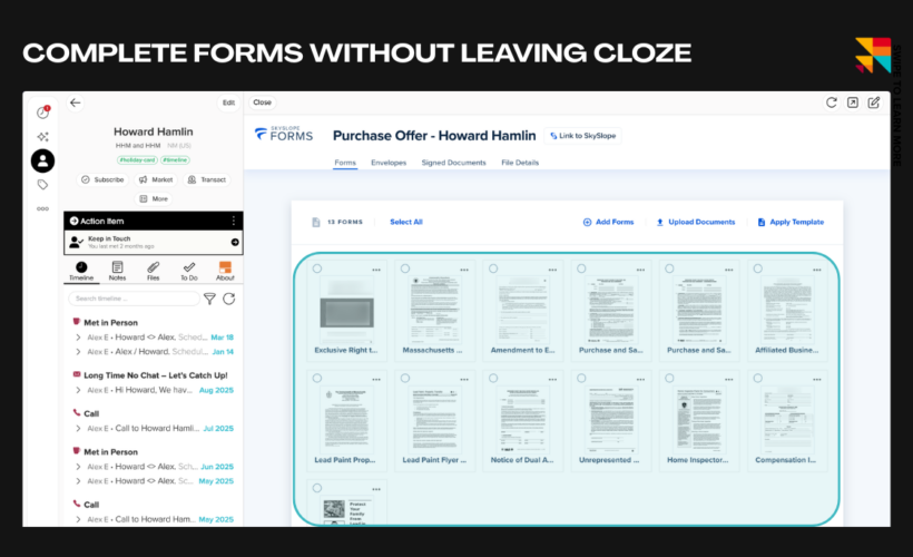 Screenshot of a form-management UI showing a dashboard titled 'Purchase Offer - Howard Hamlin', with a grid of form thumbnails in a rounded teal container and a left timeline panel.