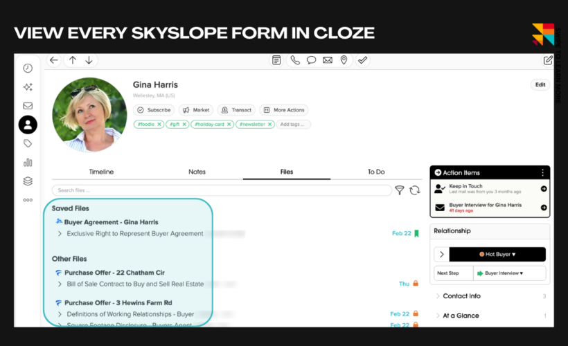 Screenshot of a SkySlope Cloze dashboard showing Gina Harris's profile, left toolbar, and a highlighted blue rounded Saved Files panel listing items like 'Buyer Agreement' and 'Purchase Offer'.