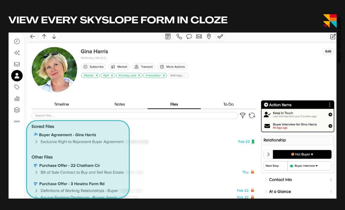 Screenshot of a Skylope Cloze dashboard showing Gina Harris's profile, left toolbar, and a highlighted blue rounded Saved Files panel listing items like 'Buyer Agreement' and 'Purchase Offer'.