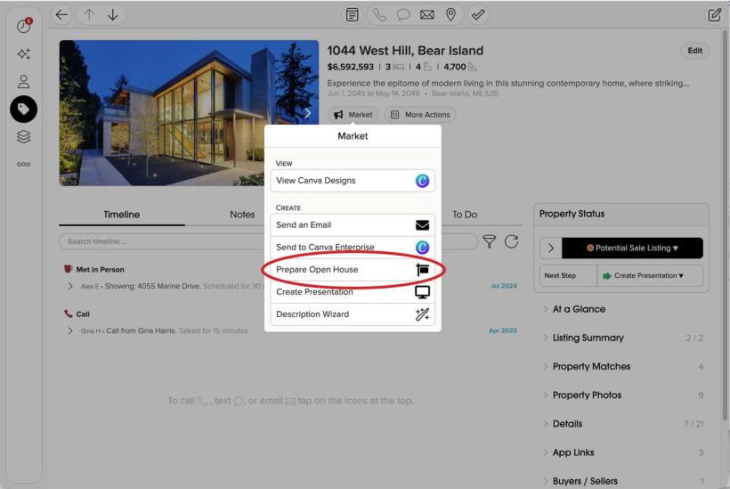 Real estate listing screen showing a 'Prepare Open House' action highlighted in a modal menu over the property image and details panel.