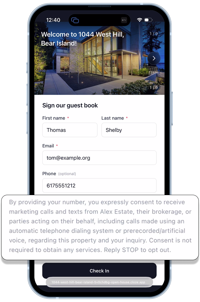 Cloze's Open House app with built-in TCPA language